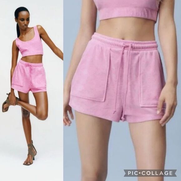 Zara French Terry Terrycloth Drawstring Shorts in Pink Women's Medium High Waist - Picture 1 of 6
